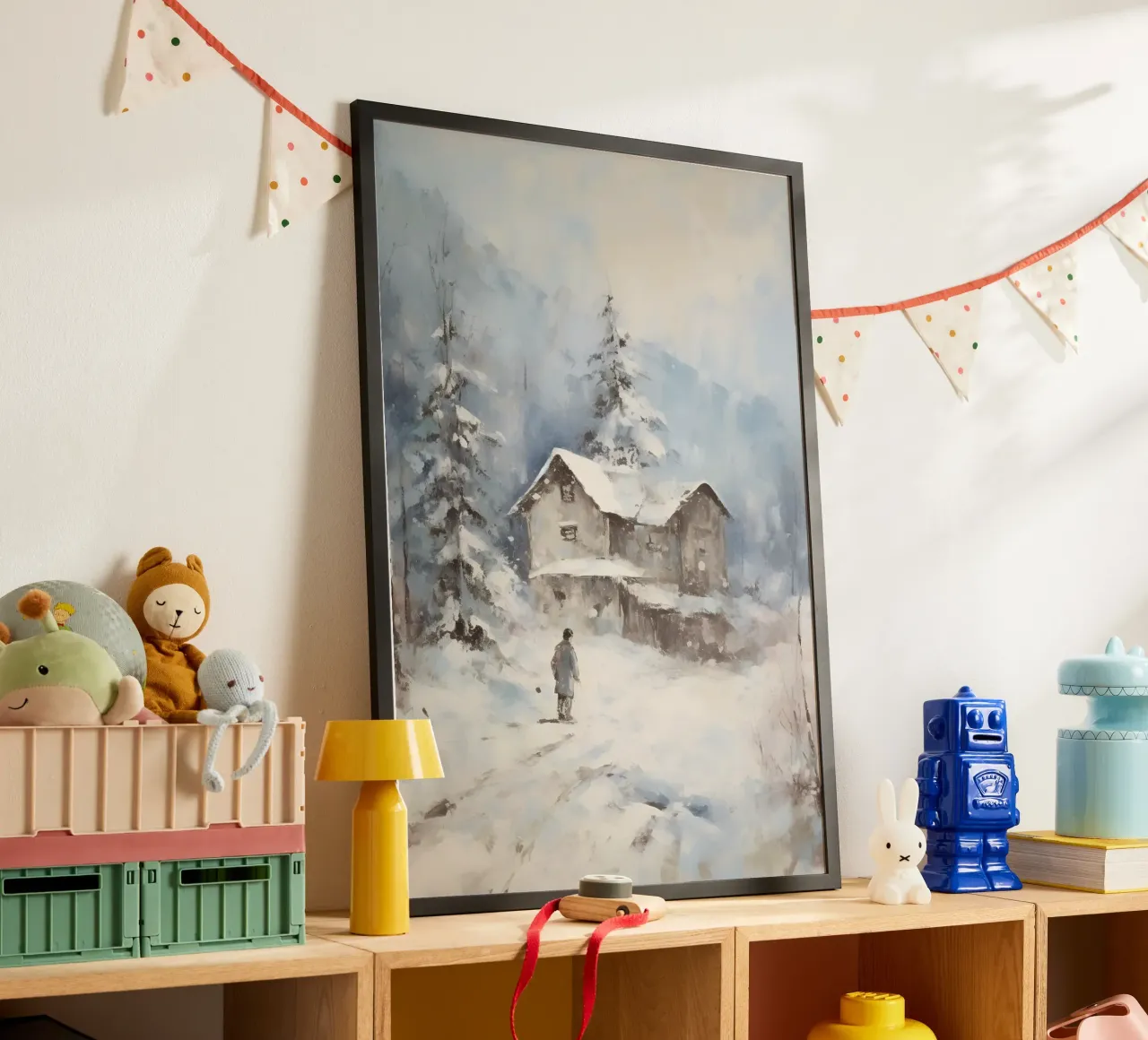 Abgelegene verschneite Hütte - Rustikale Winter-Landschaftskunst Poster mit Kunststoffrahmen von ClubArt