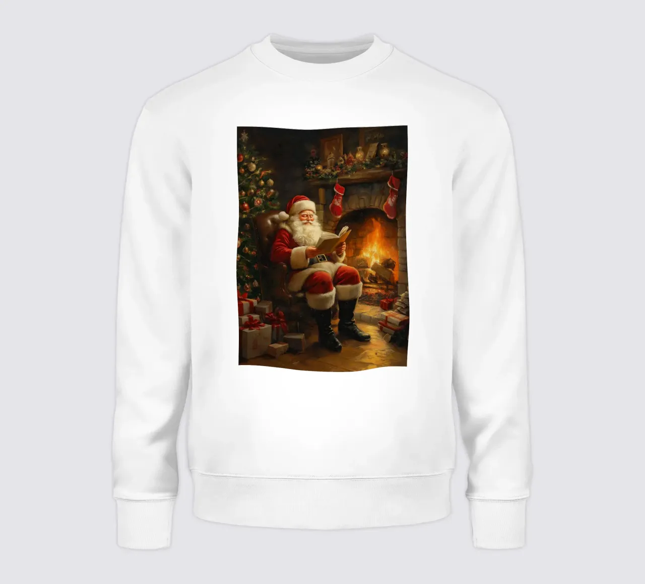 Santa by Fireplace - Cozy Christmas Storytelling Art sweatshirt by ClubArt