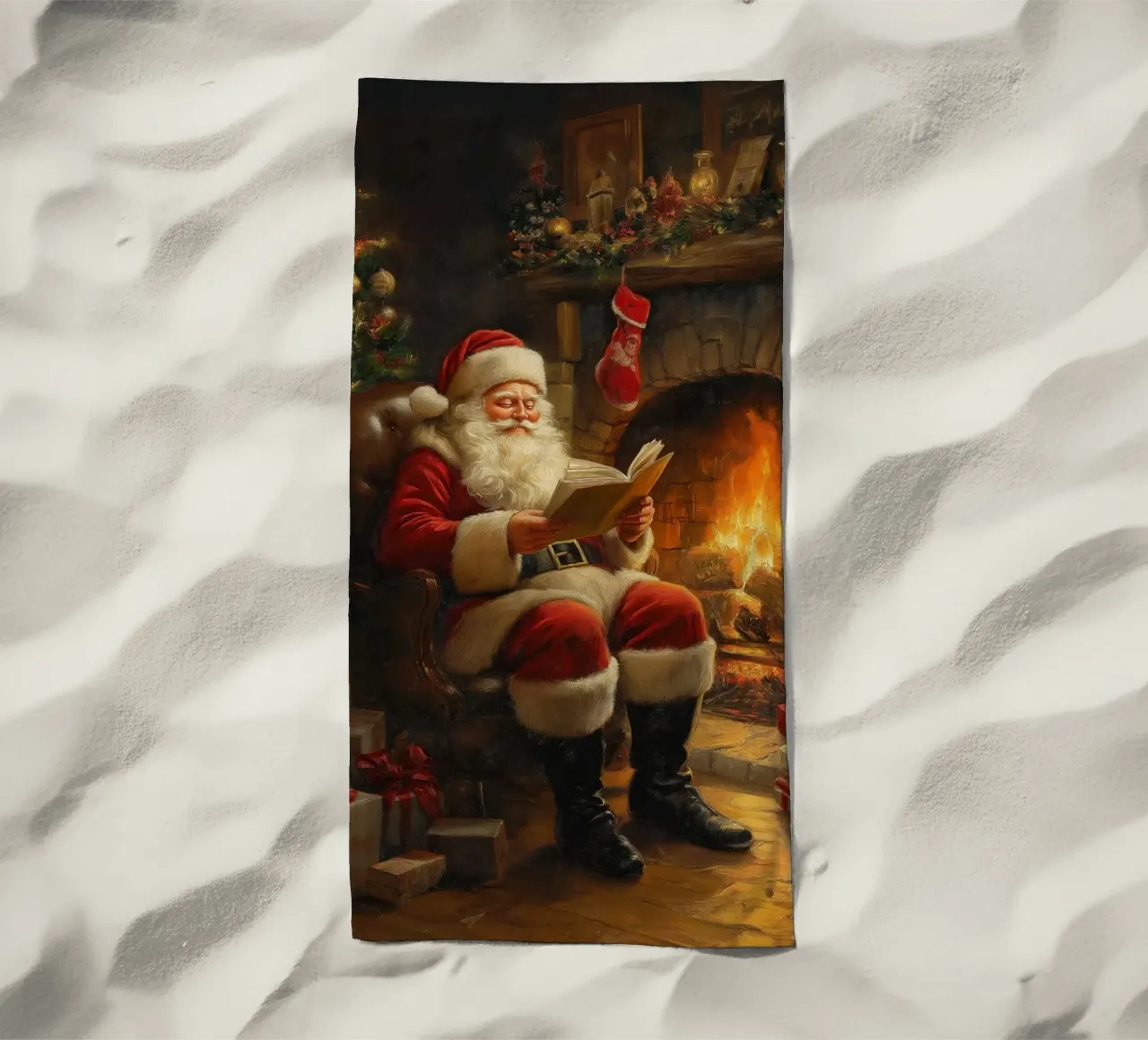 Santa by Fireplace - Cozy Christmas Storytelling Art beach towel by ClubArt