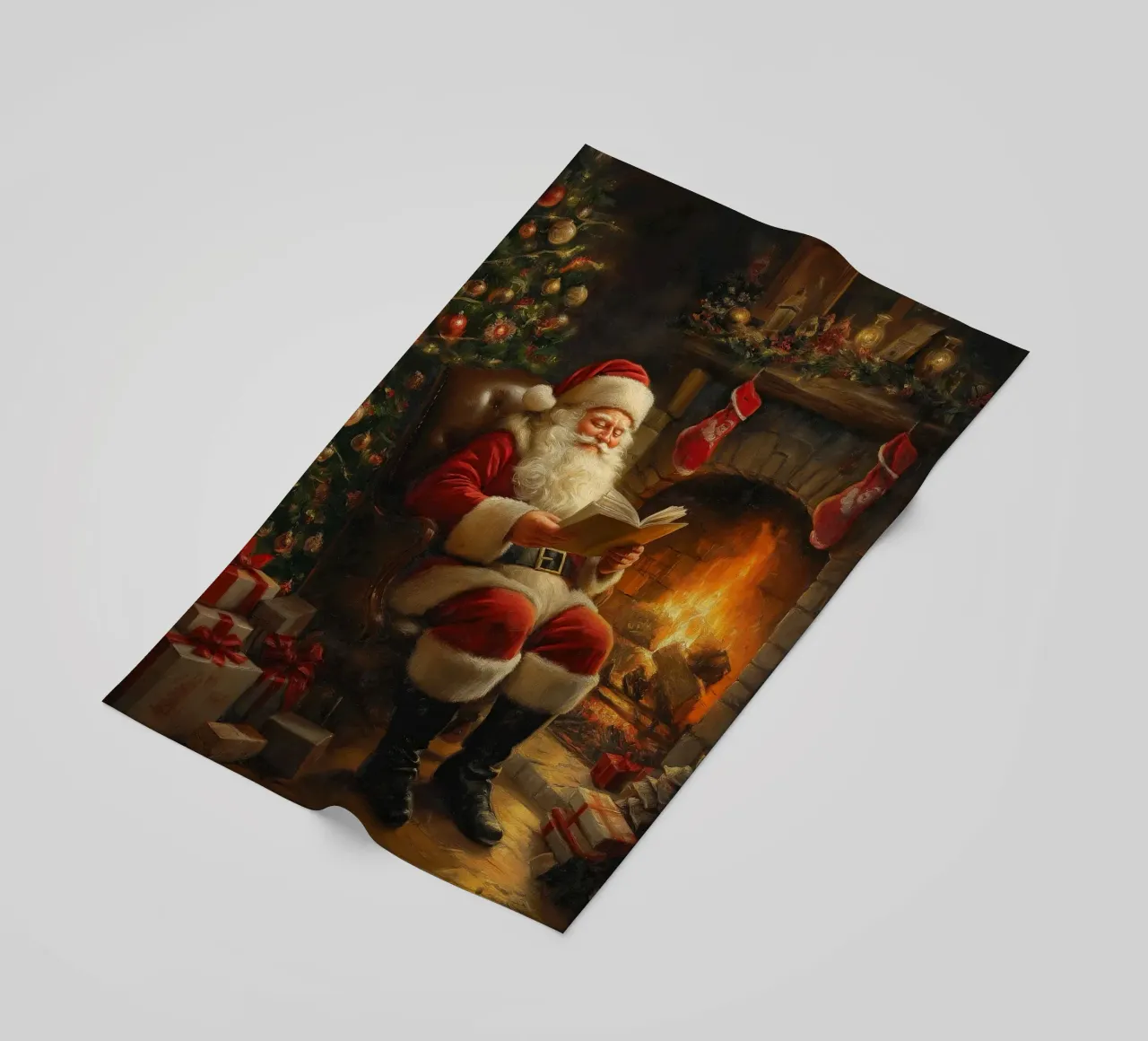 Santa by Fireplace - Cozy Christmas Storytelling Art beach towel by ClubArt