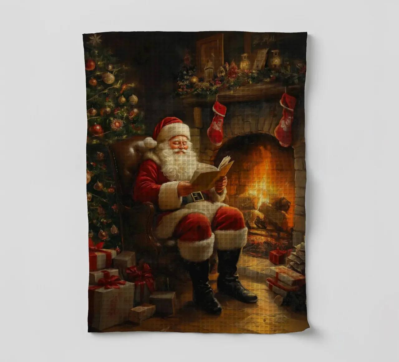 Père Noël au coin du feu - Art du conte de Noël chaleureux torchon de ClubArt