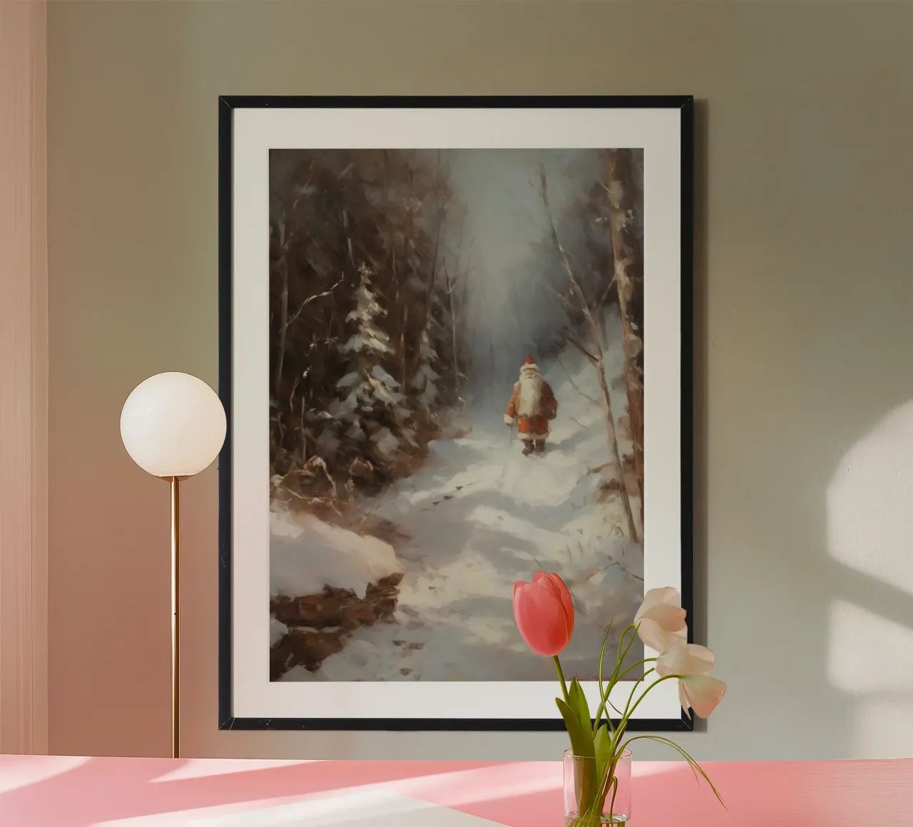 Der verschneite Spaziergang des Weihnachtsmanns - zauberhafte Winterwaldkunst Poster von ClubArt