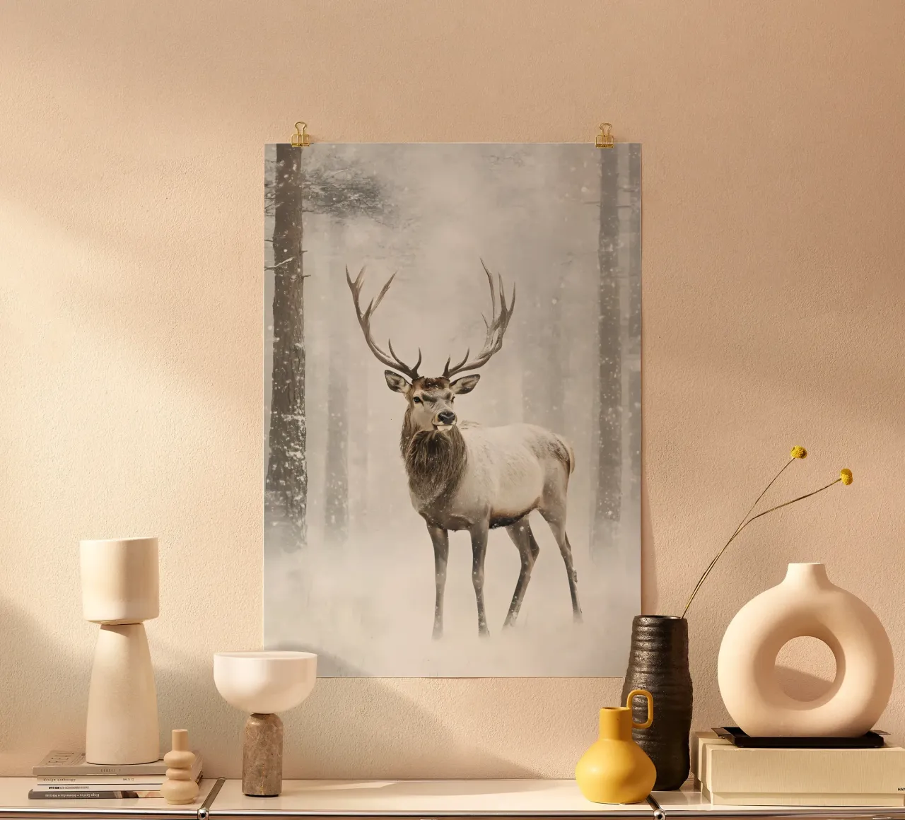 Cerf majestueux dans une chute de neige - Winter Forest Wildlife Art poster de ClubArt