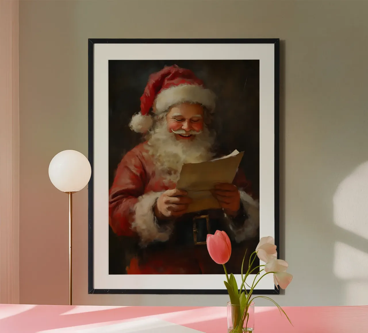 Père Noël jovial lisant des lettres - Art classique de la joie de Noël poster de ClubArt