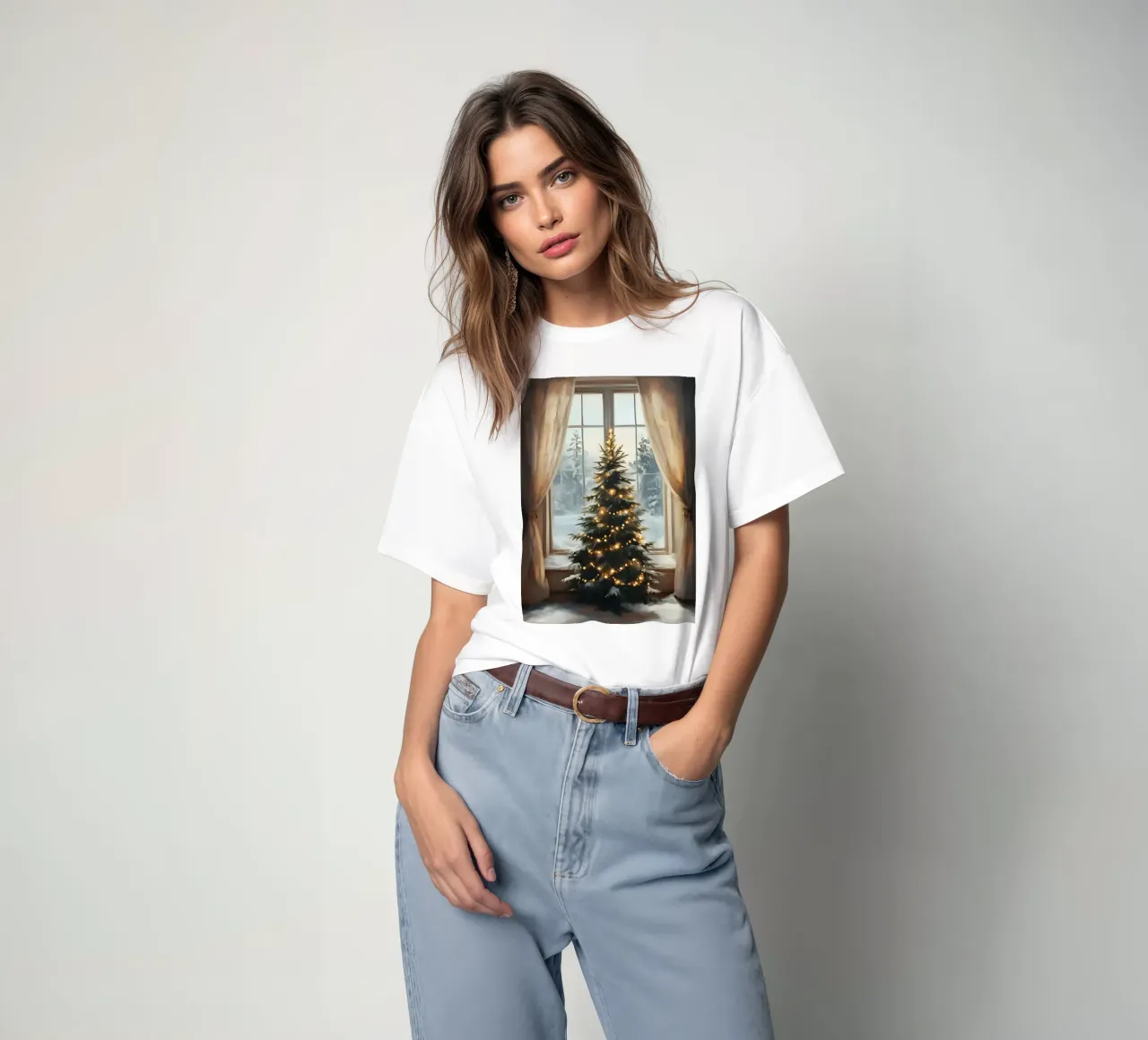 Cozy Window Christmas Tree - Winter Wonderland View t-shirt by ClubArt