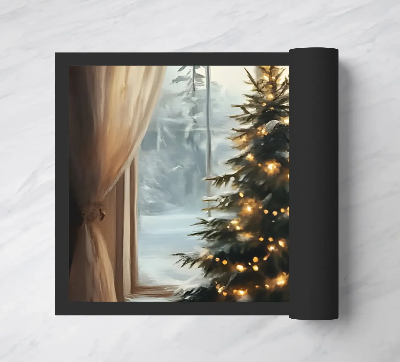 Cozy Window Christmas Tree - Winter Wonderland View doormat by ClubArt