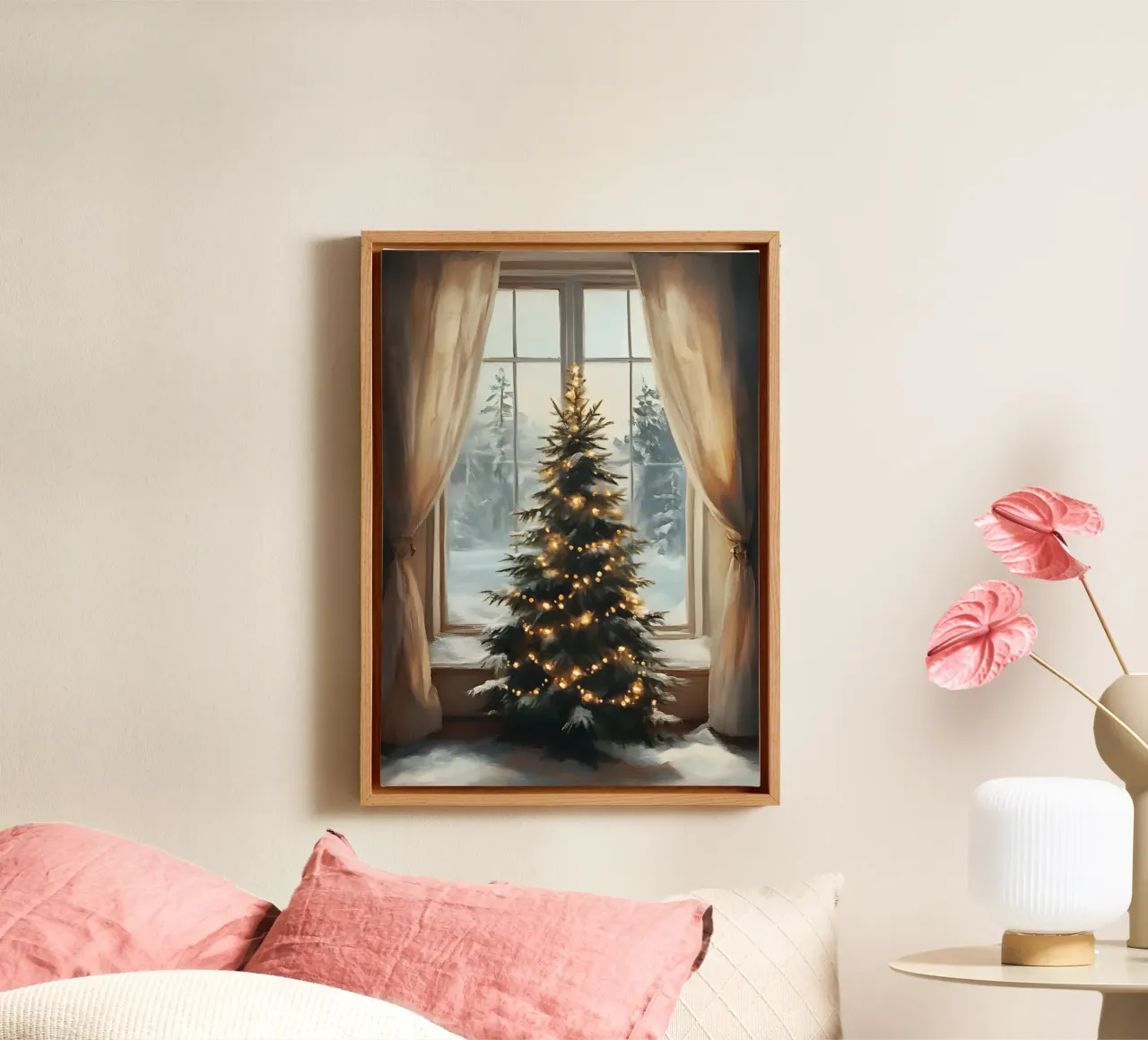Cozy Window Christmas Tree - Winter Wonderland View canvas with Floater frame by ClubArt