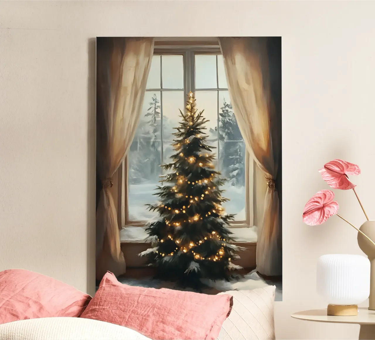 Cozy Window Christmas Tree - Winter Wonderland View canvas with Floater frame by ClubArt