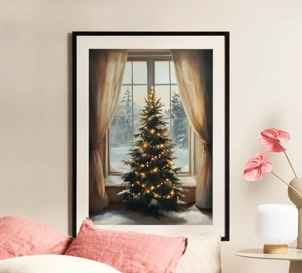 Arbre de Noël à la fenêtre - Vue sur le pays des merveilles de l'hiver poster de ClubArt