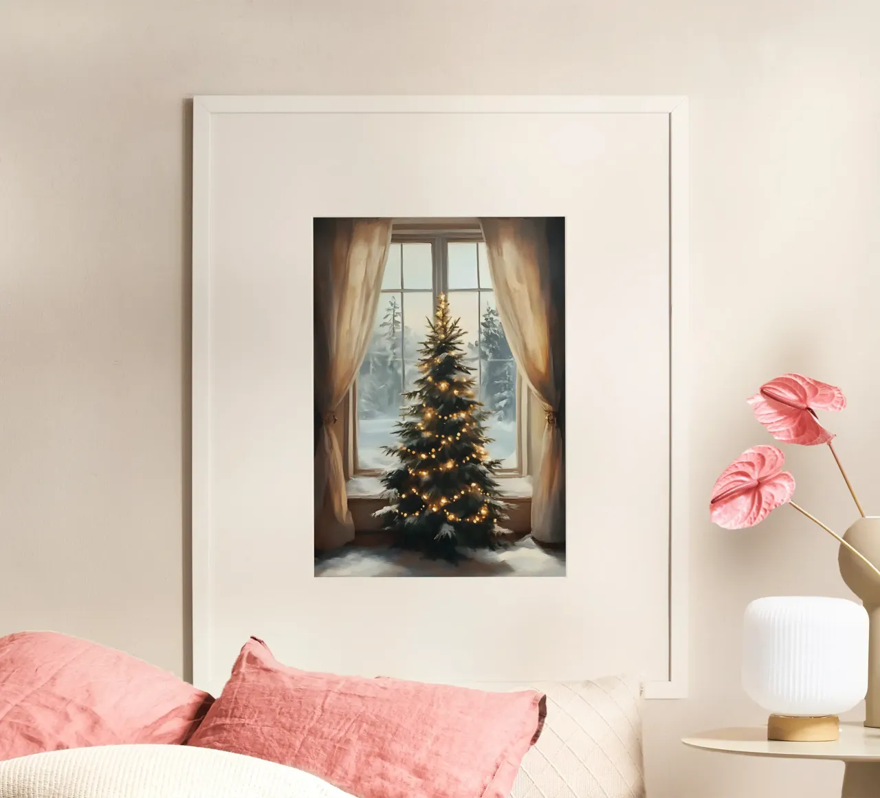 Arbre de Noël à la fenêtre - Vue sur le pays des merveilles de l'hiver poster de ClubArt