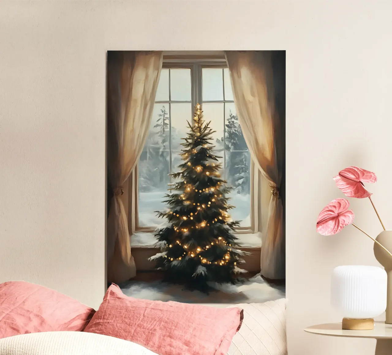 Arbre de Noël à la fenêtre - Vue sur le pays des merveilles de l'hiver poster de ClubArt