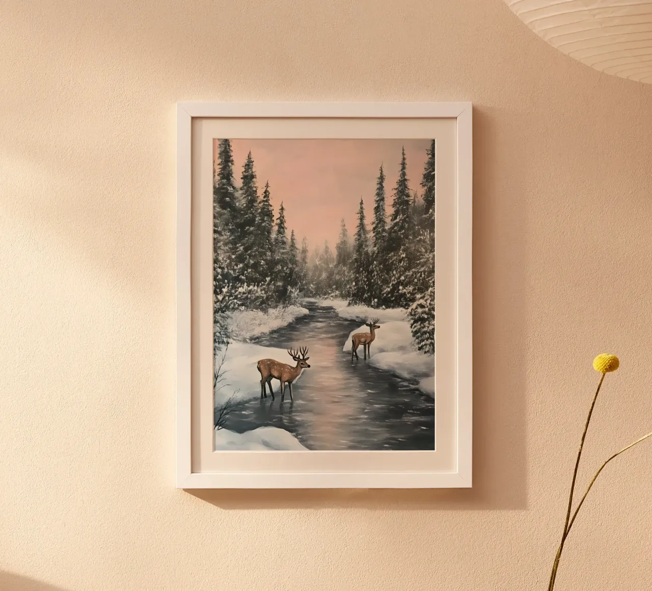 Cervo vicino al fiume innevato - Arte della foresta invernale e della pace poster con telaio in alluminio da ClubArt