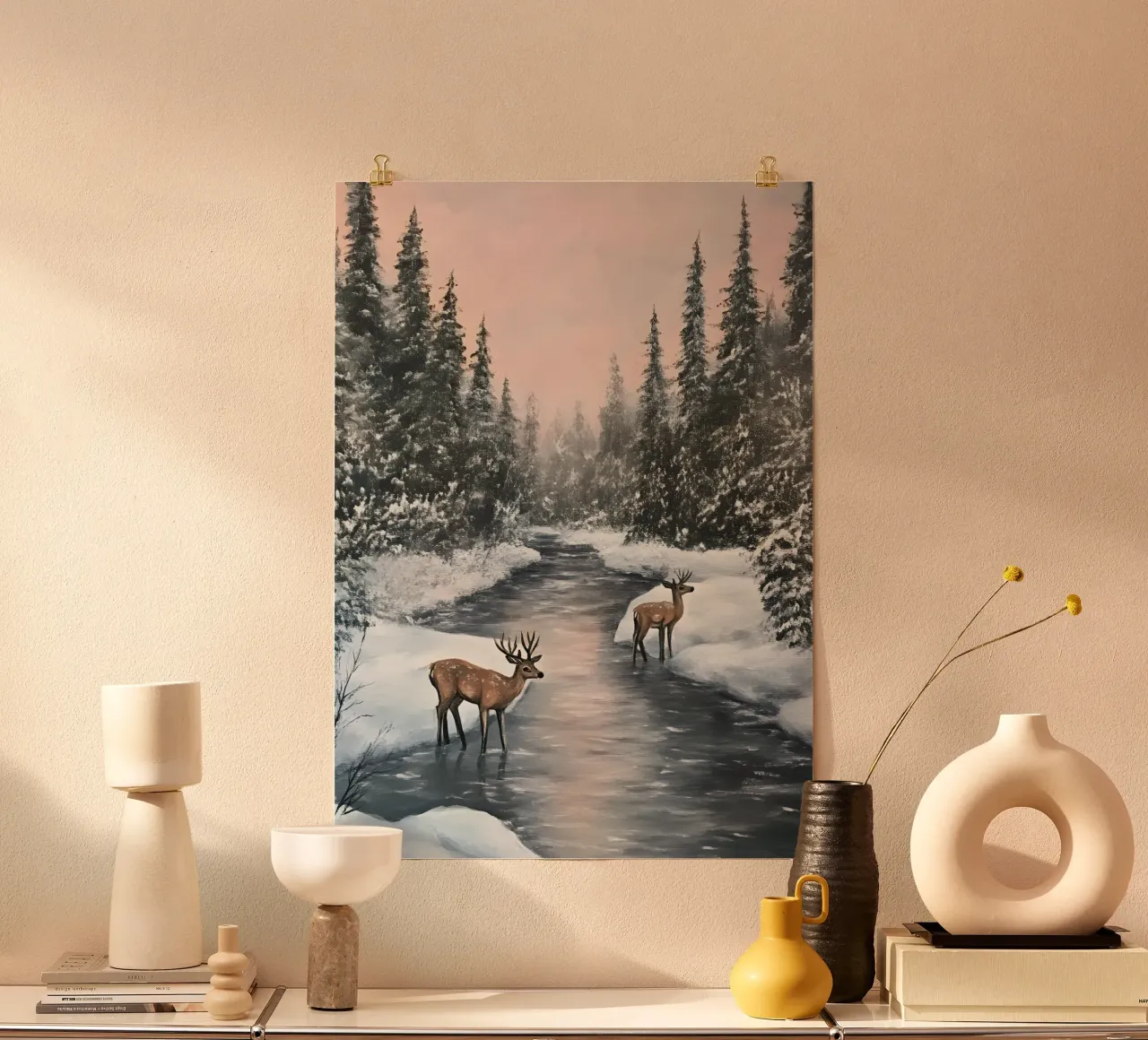 Cervo vicino al fiume innevato - Arte della foresta invernale e della pace poster con telaio in alluminio da ClubArt