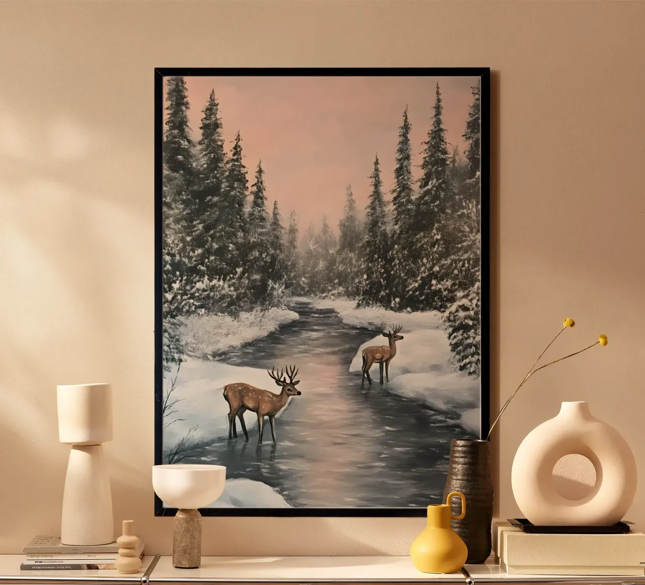 Cervo vicino al fiume innevato - Arte della foresta invernale e della pace poster con telaio in alluminio da ClubArt