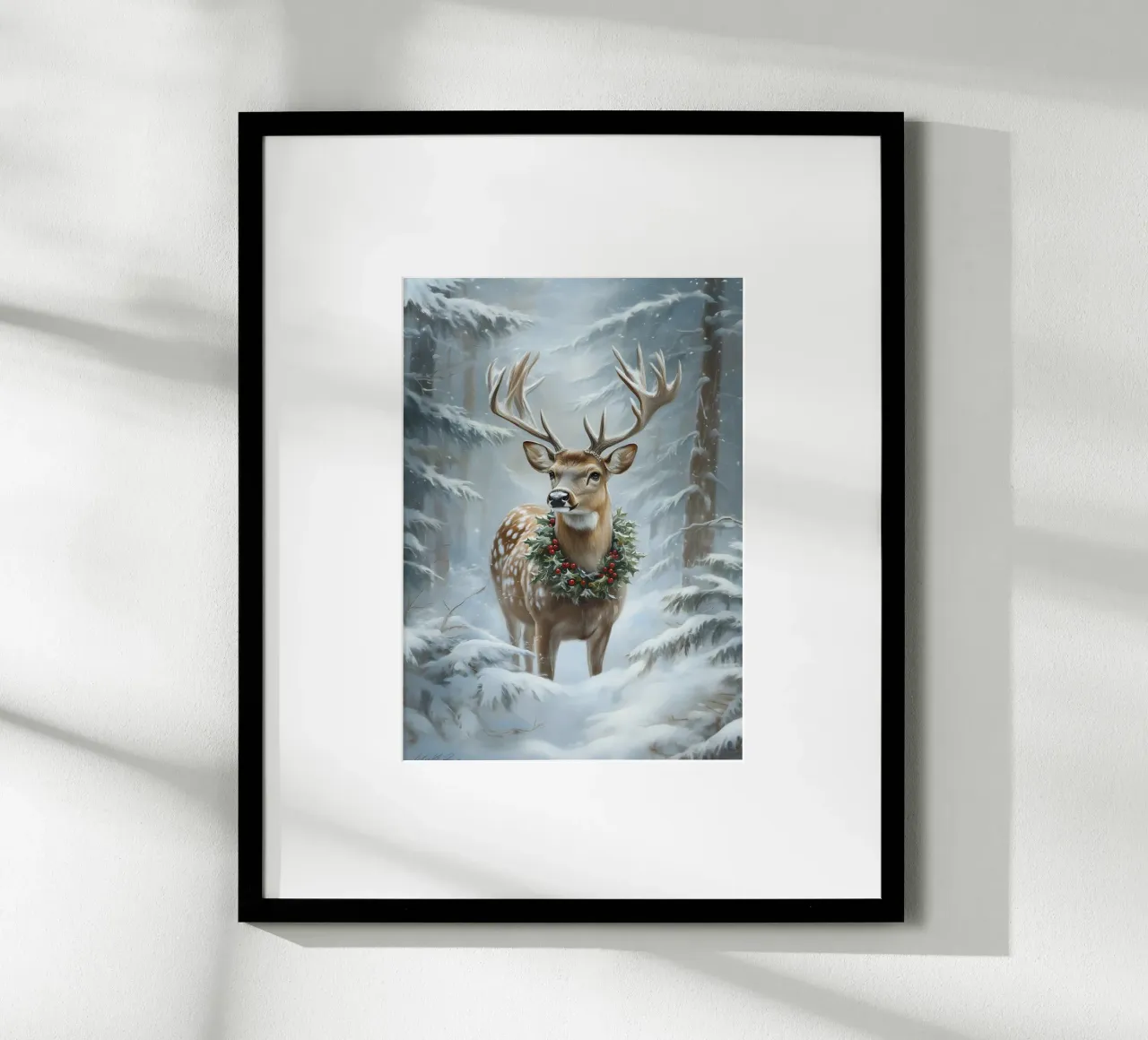 Feestelijke hert met hulstkrans - Besneeuwde Boskunst poster van ClubArt