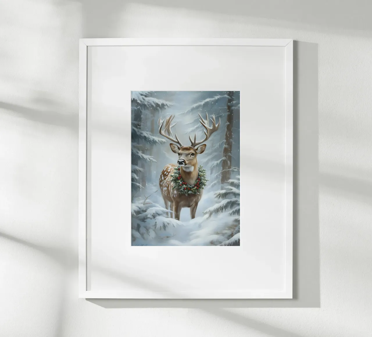 Feestelijke hert met hulstkrans - Besneeuwde Boskunst poster van ClubArt