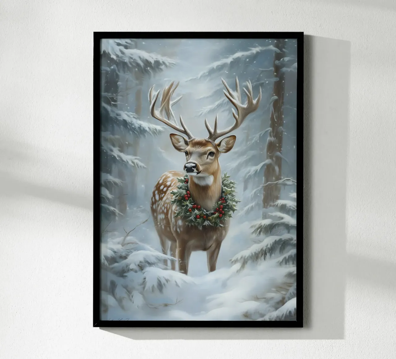 Feestelijke hert met hulstkrans - Besneeuwde Boskunst poster van ClubArt