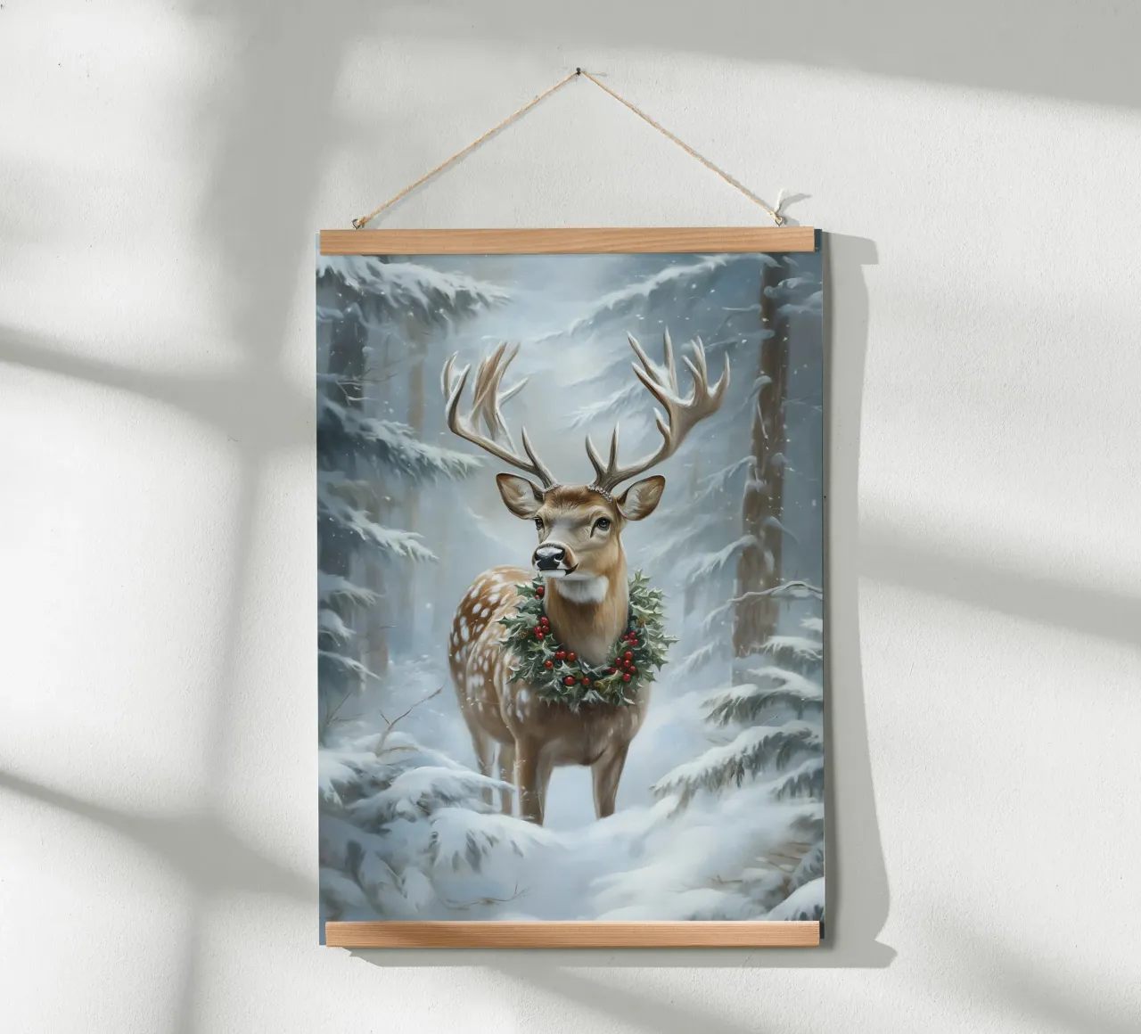 Feestelijke hert met hulstkrans - Besneeuwde Boskunst poster van ClubArt