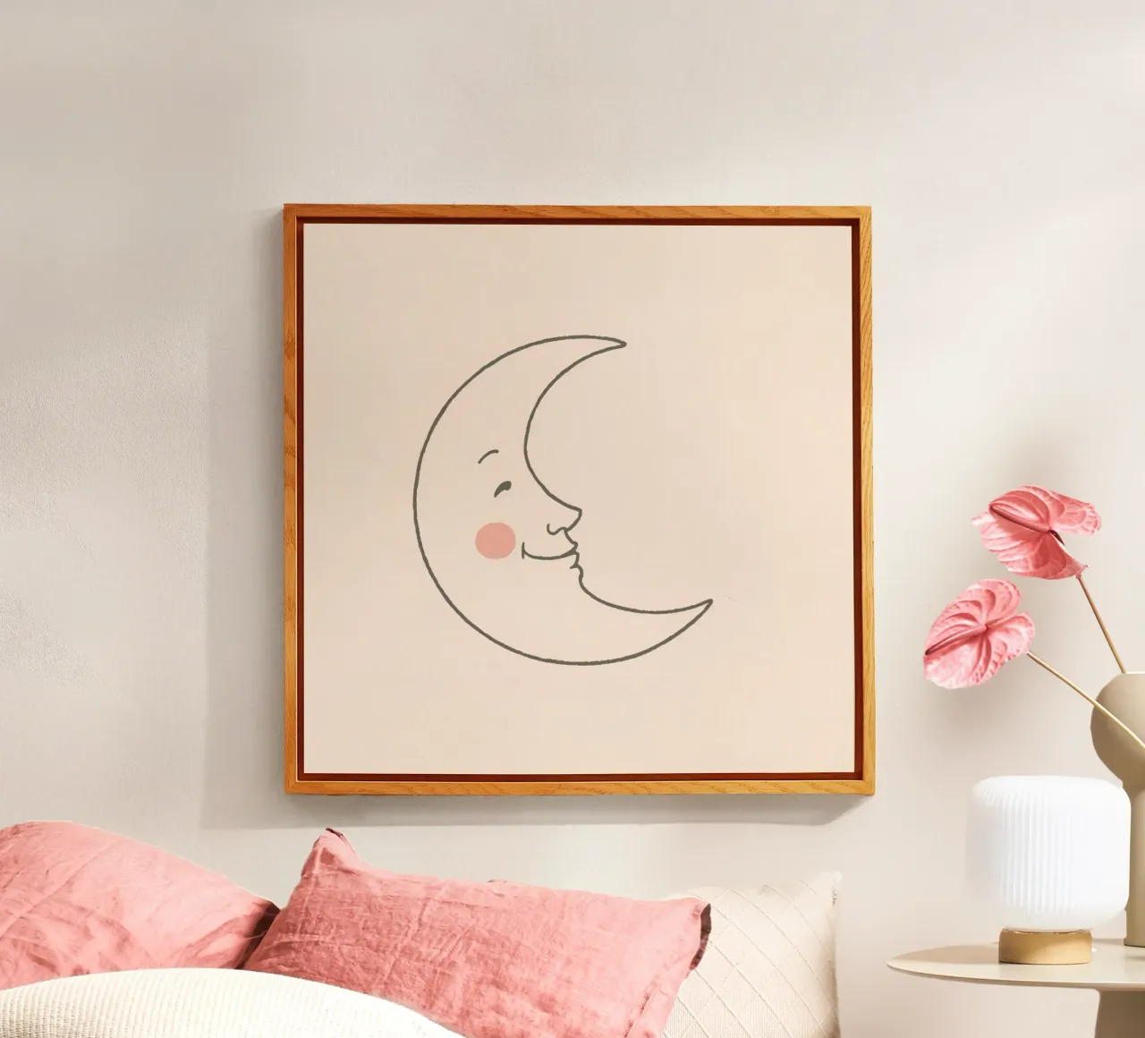 Illustrazione di luna felice con un volto sorridente su una luce arte plexiglass da DesignDoodle