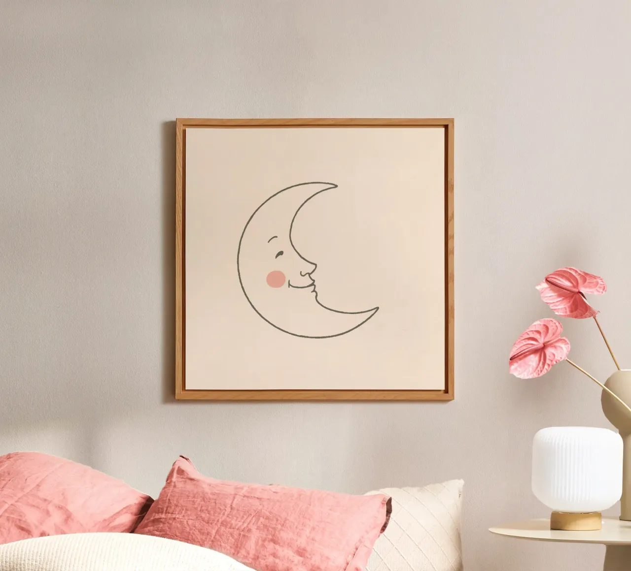 Illustration d'une lune joyeuse avec un visage souriant sur une lumière d'art alu dibond de DesignDoodle