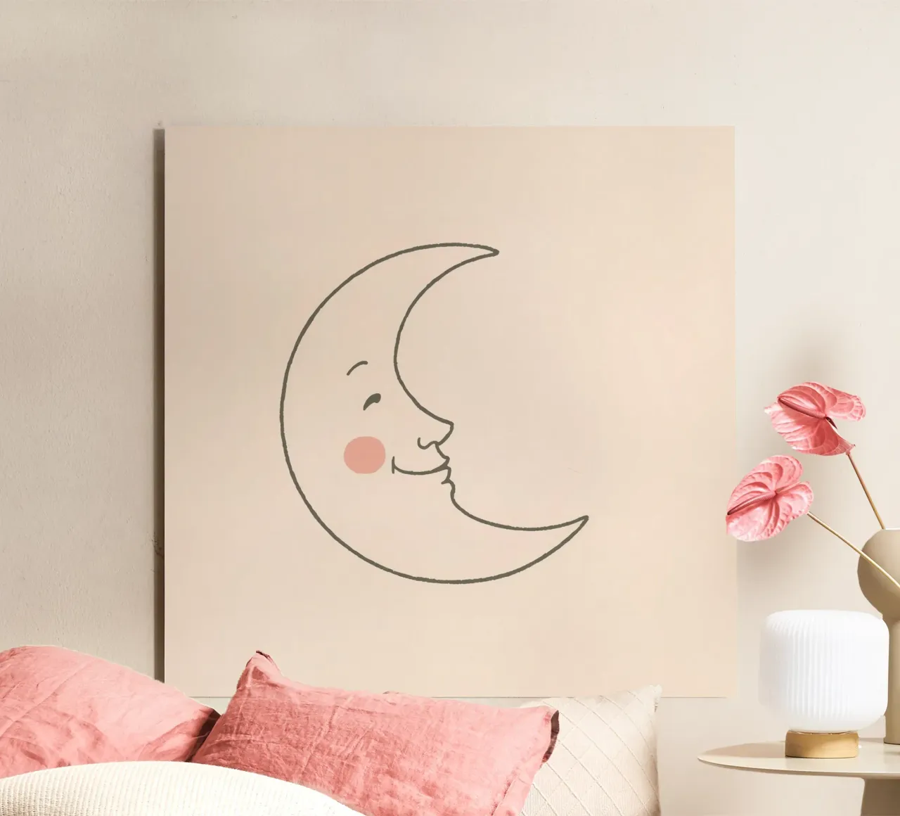 Illustration d'une lune joyeuse avec un visage souriant sur une lumière d'art alu dibond de DesignDoodle