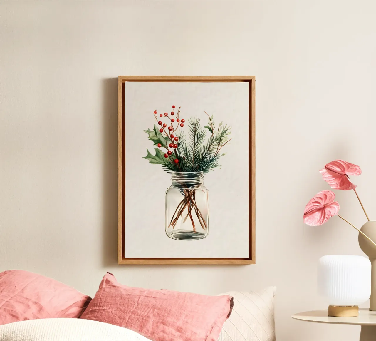Pot met hulst en dennen - Waterverf botanische kerstkunst canvas met Baklijst van ClubArt