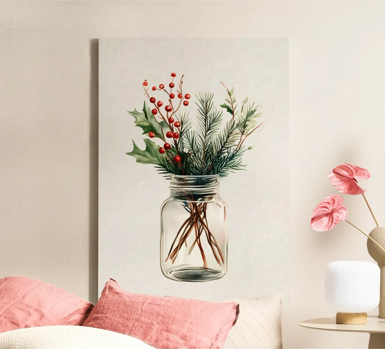 Pot met hulst en dennen - Waterverf botanische kerstkunst canvas met Baklijst van ClubArt