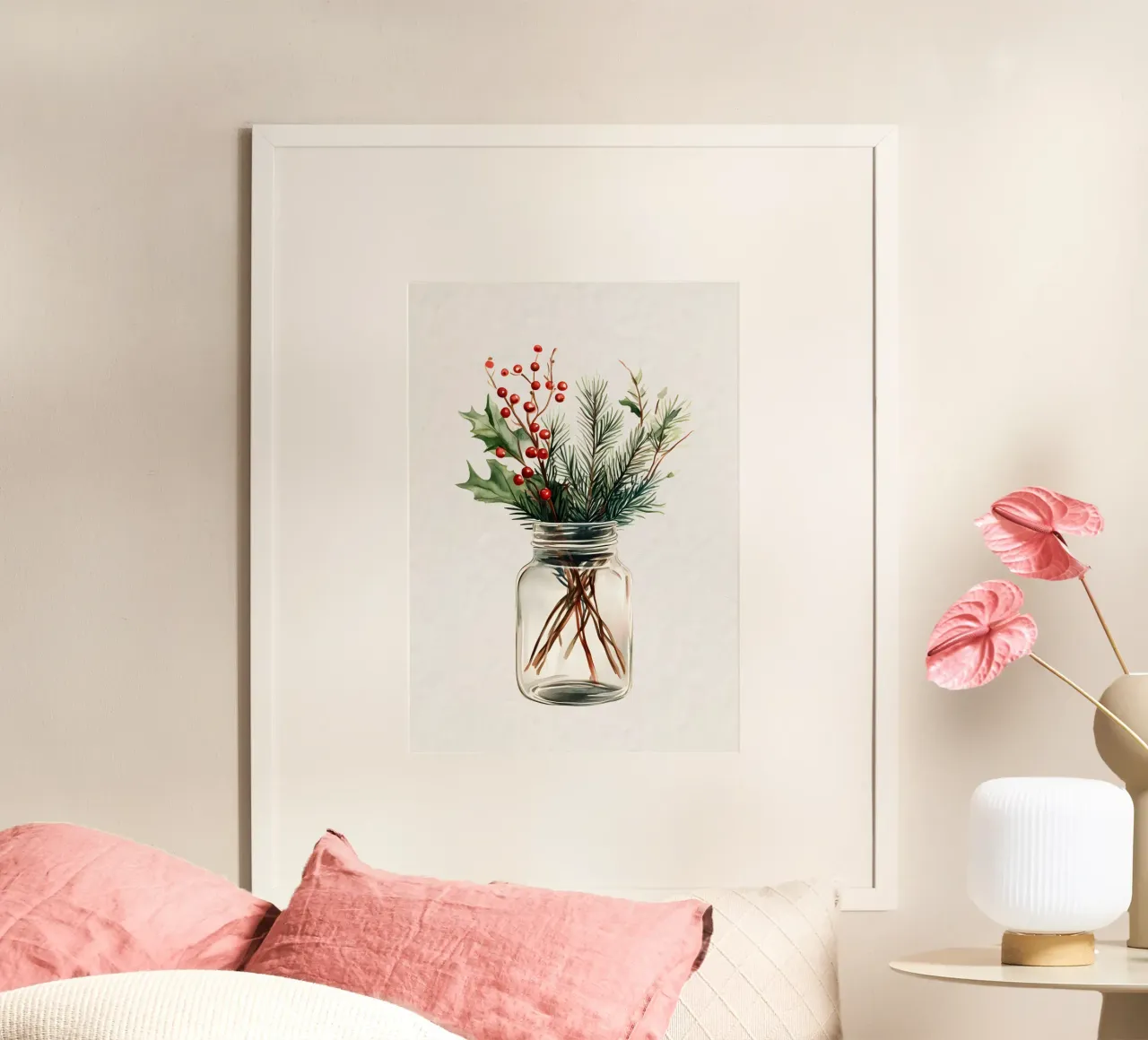Pot met hulst en dennen - Waterverf botanische kerstkunst poster met aluminium frame van ClubArt