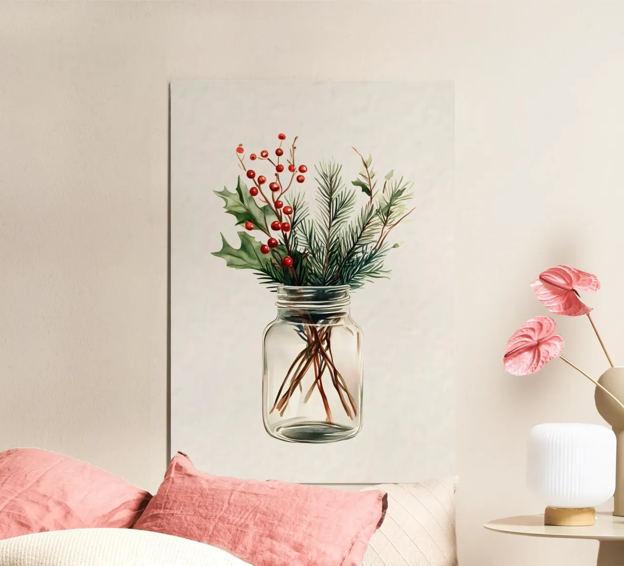 Pot met hulst en dennen - Waterverf botanische kerstkunst poster met aluminium frame van ClubArt