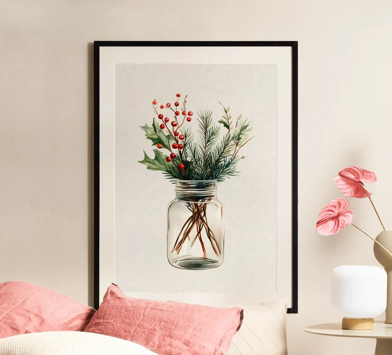 Pot met hulst en dennen - Waterverf botanische kerstkunst poster met aluminium frame van ClubArt