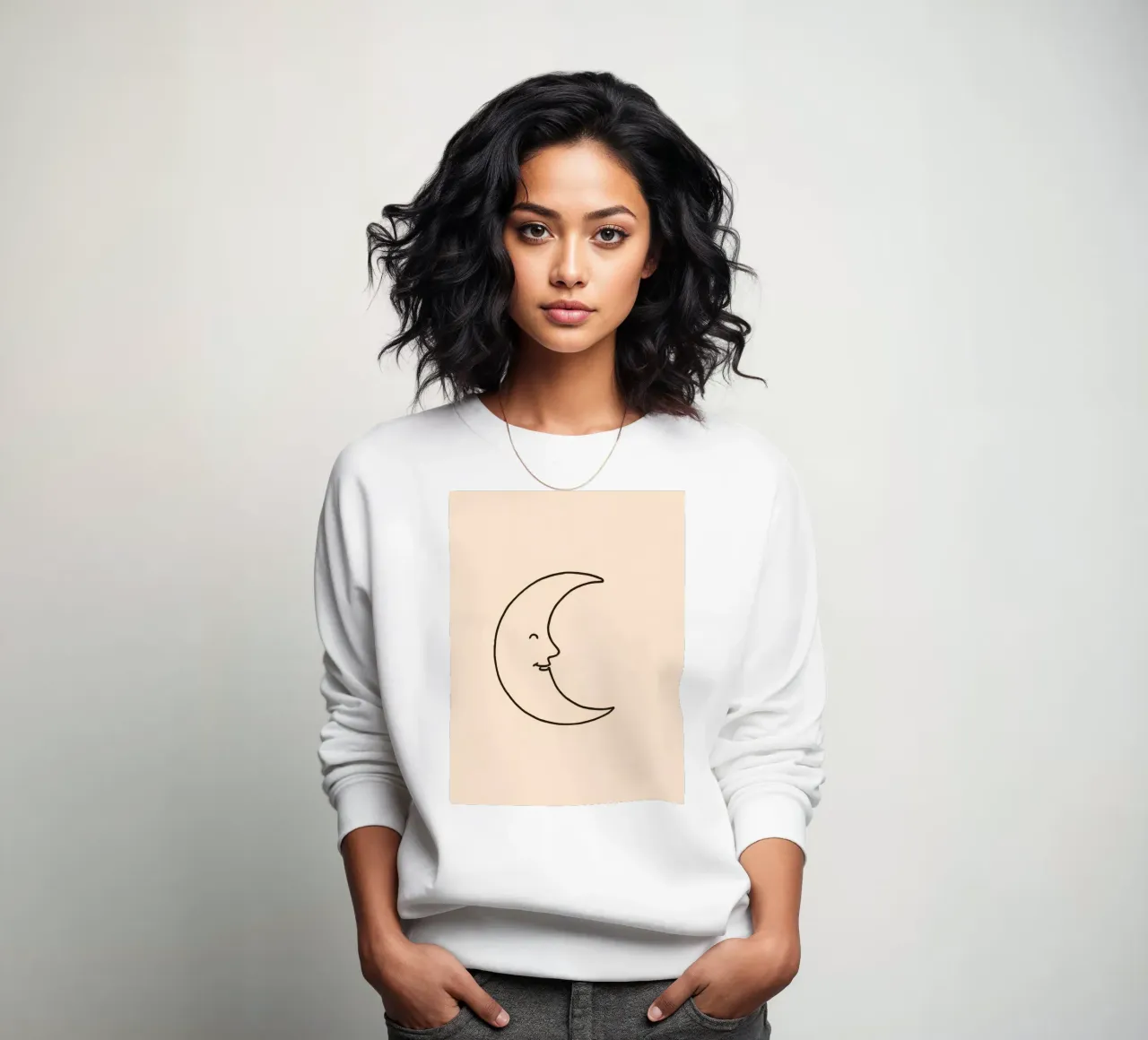 Crescent moon with a smiling face on a soft background sweatshirt by DesignDoodle