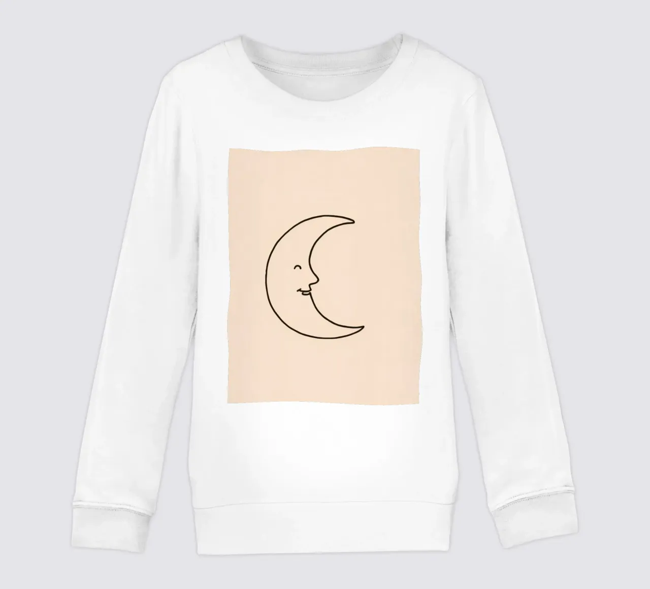 Crescent moon with a smiling face on a soft background kids sweatshirt by DesignDoodle