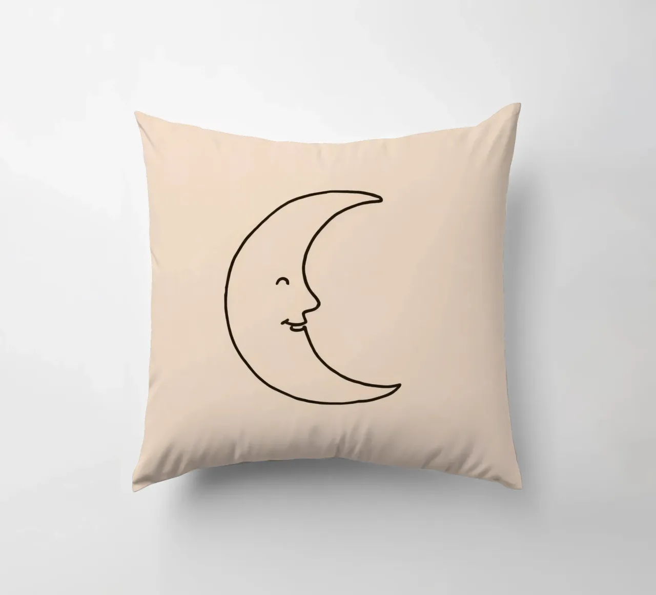 Crescent moon with a smiling face on a soft background decorative cushion by DesignDoodle
