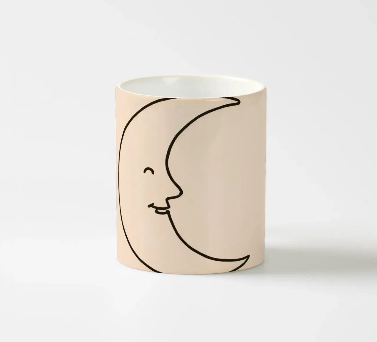 Crescent moon with a smiling face on a soft background ceramic mug by DesignDoodle