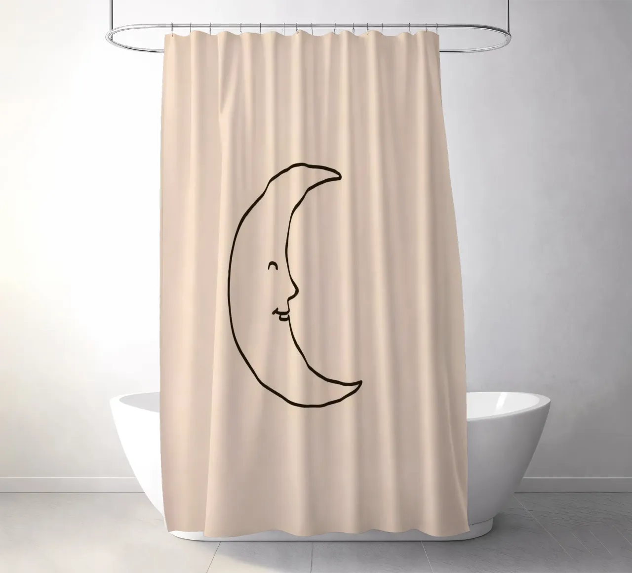 Crescent moon with a smiling face on a soft background shower curtain by DesignDoodle