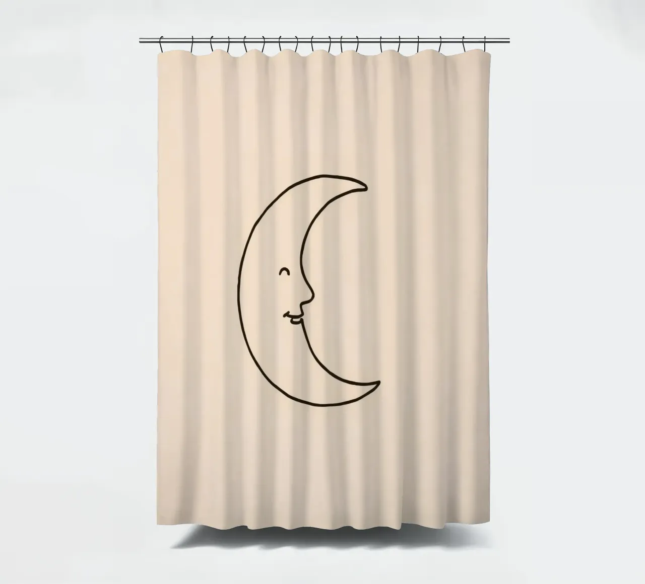 Crescent moon with a smiling face on a soft background shower curtain by DesignDoodle