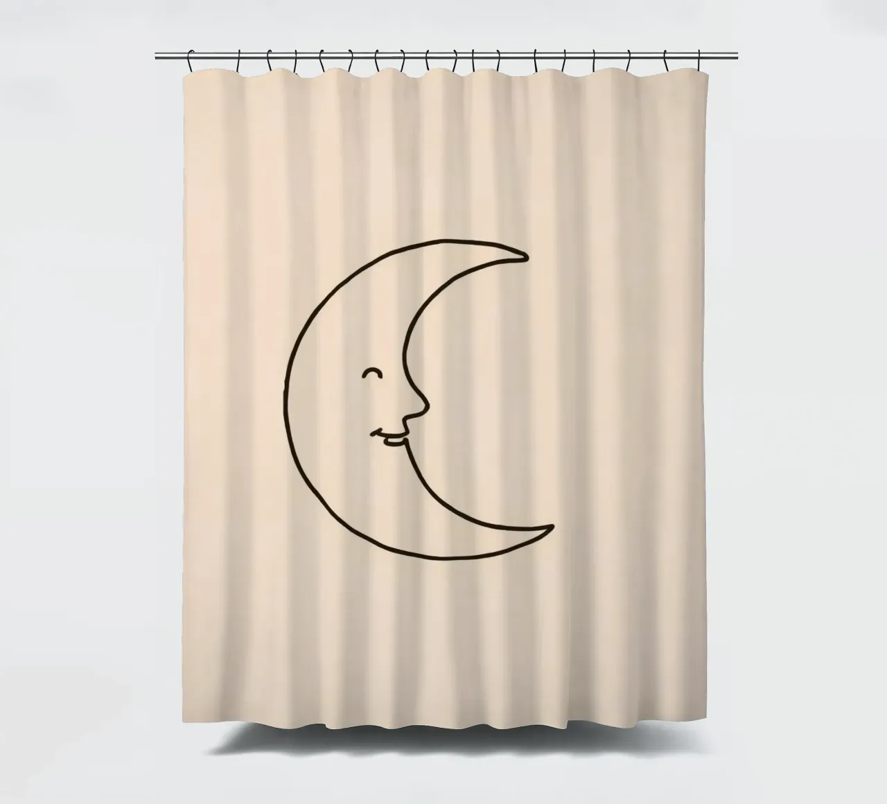 Crescent moon with a smiling face on a soft background shower curtain by DesignDoodle