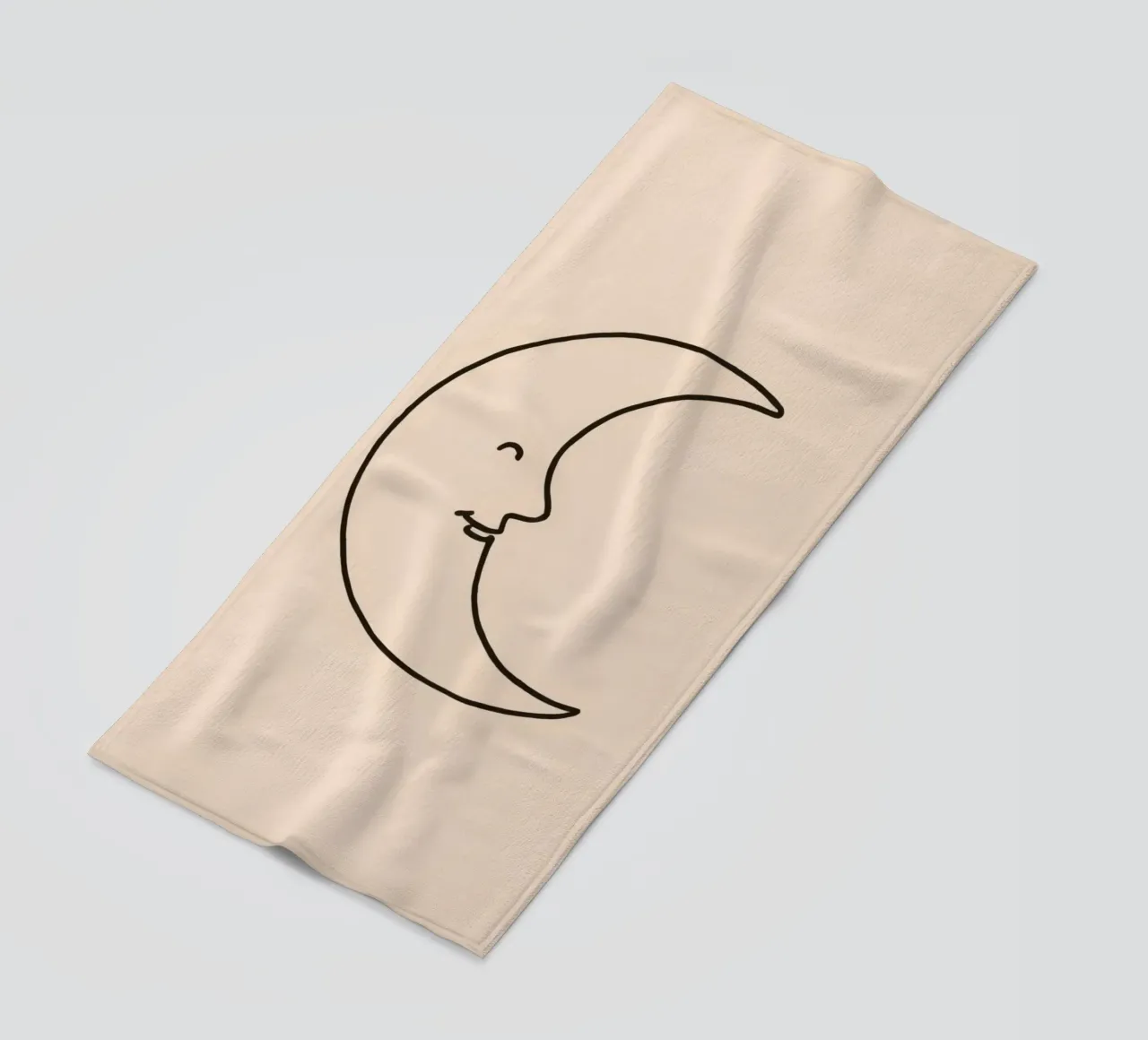 Crescent moon with a smiling face on a soft background beach towel by DesignDoodle