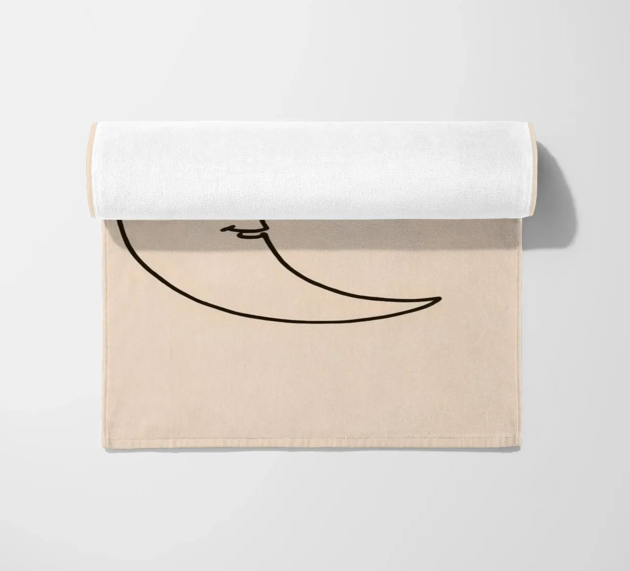 Crescent moon with a smiling face on a soft background beach towel by DesignDoodle