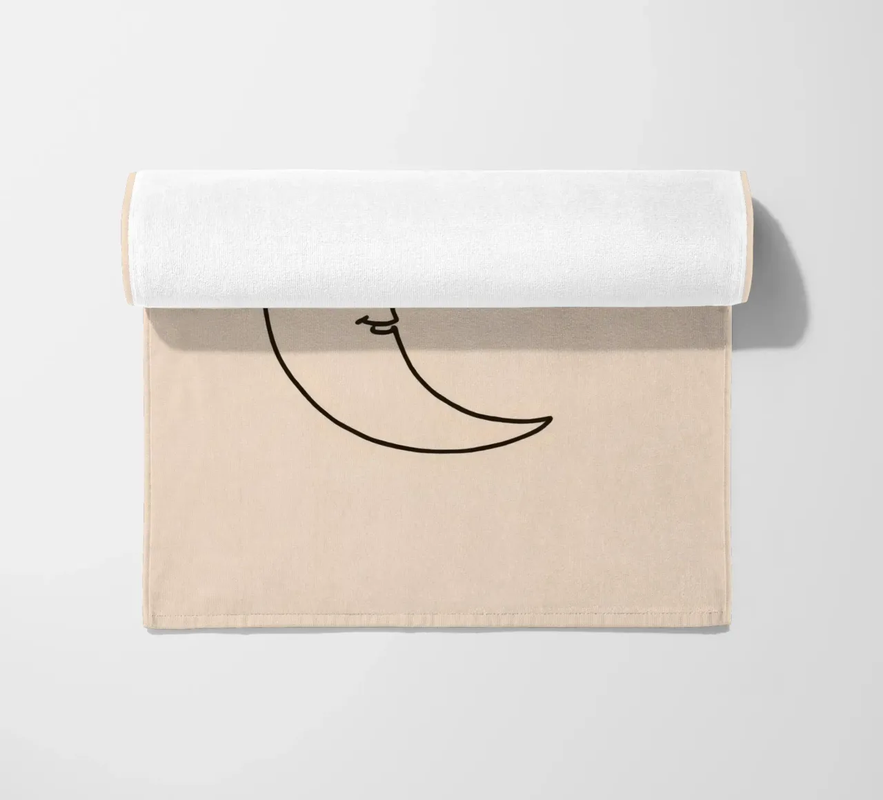 Crescent moon with a smiling face on a soft background beach towel by DesignDoodle