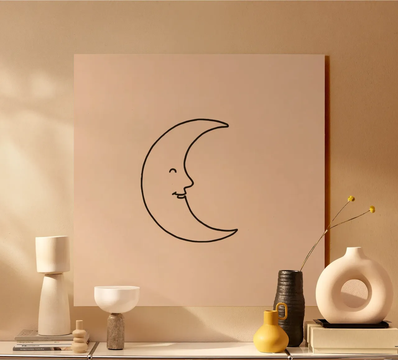 Crescent moon with a smiling face on a soft background alu-dibond by DesignDoodle