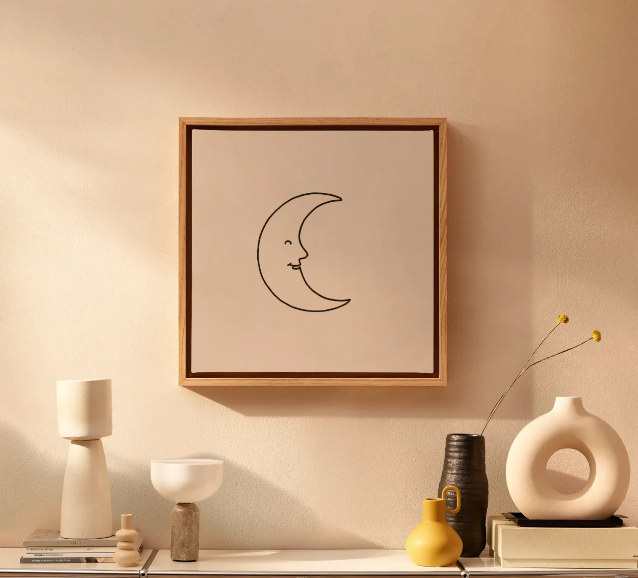 Crescent moon with a smiling face on a soft background canvas by DesignDoodle