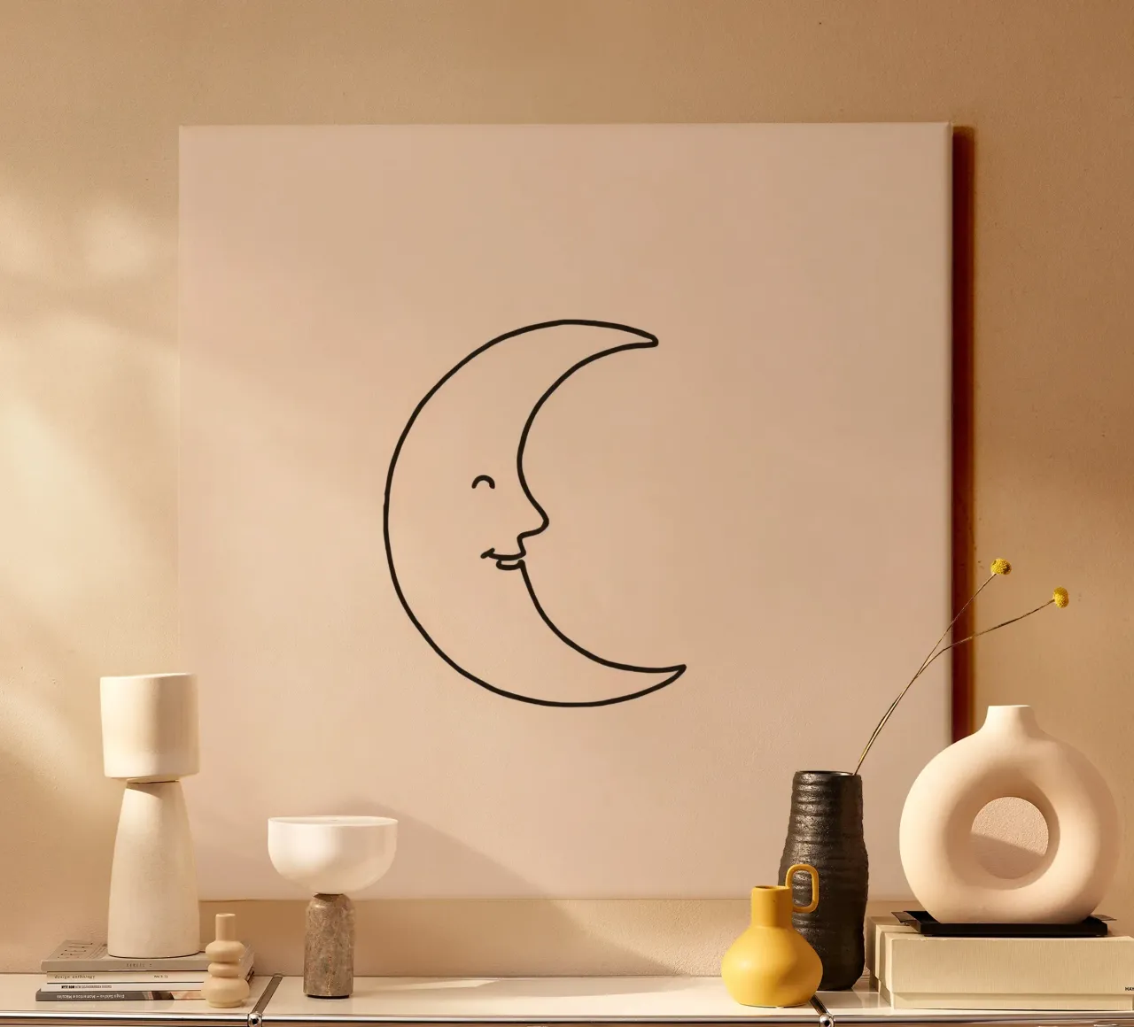 Crescent moon with a smiling face on a soft background canvas by DesignDoodle