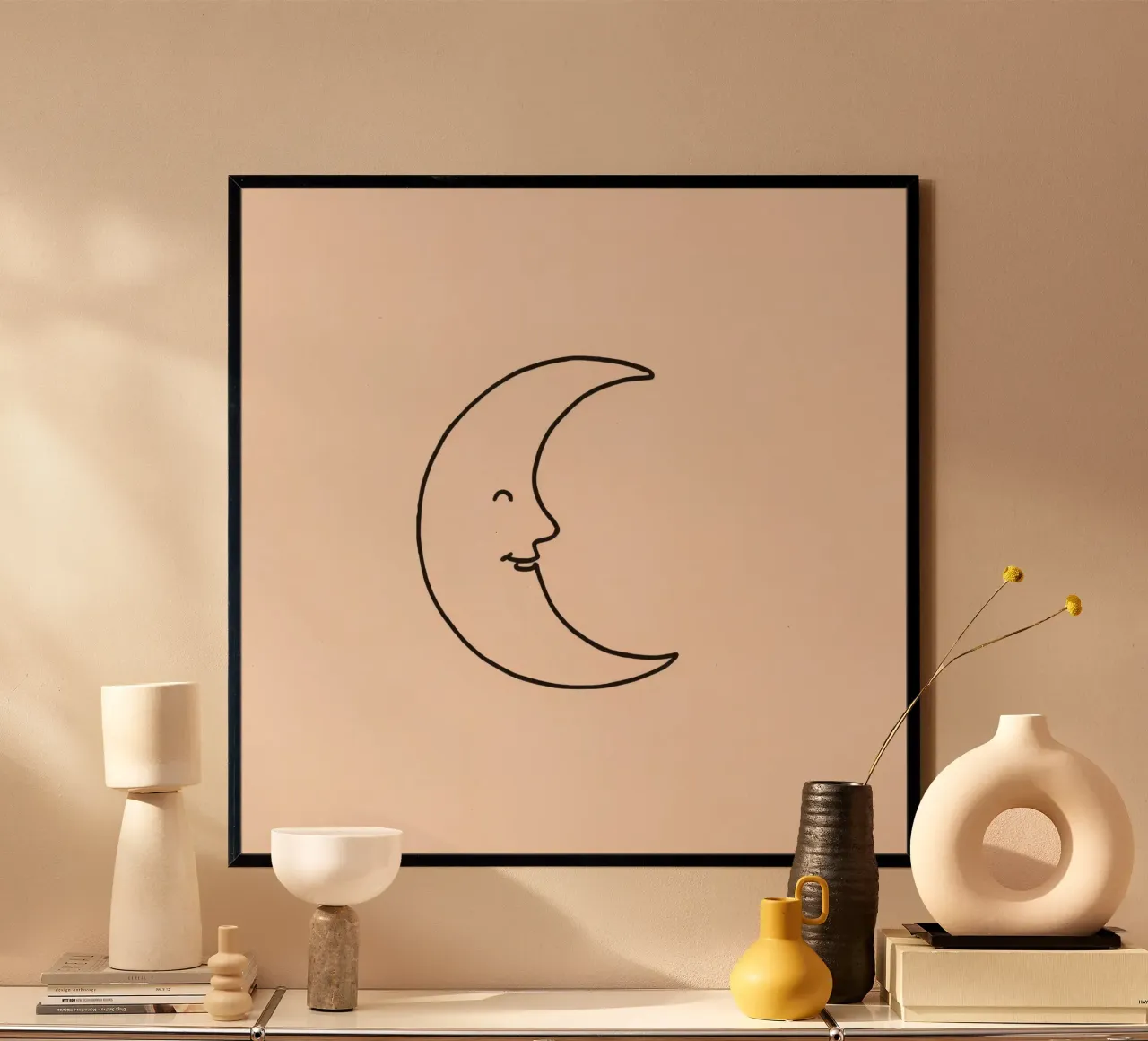 Crescent moon with a smiling face on a soft background hahnemühle by DesignDoodle