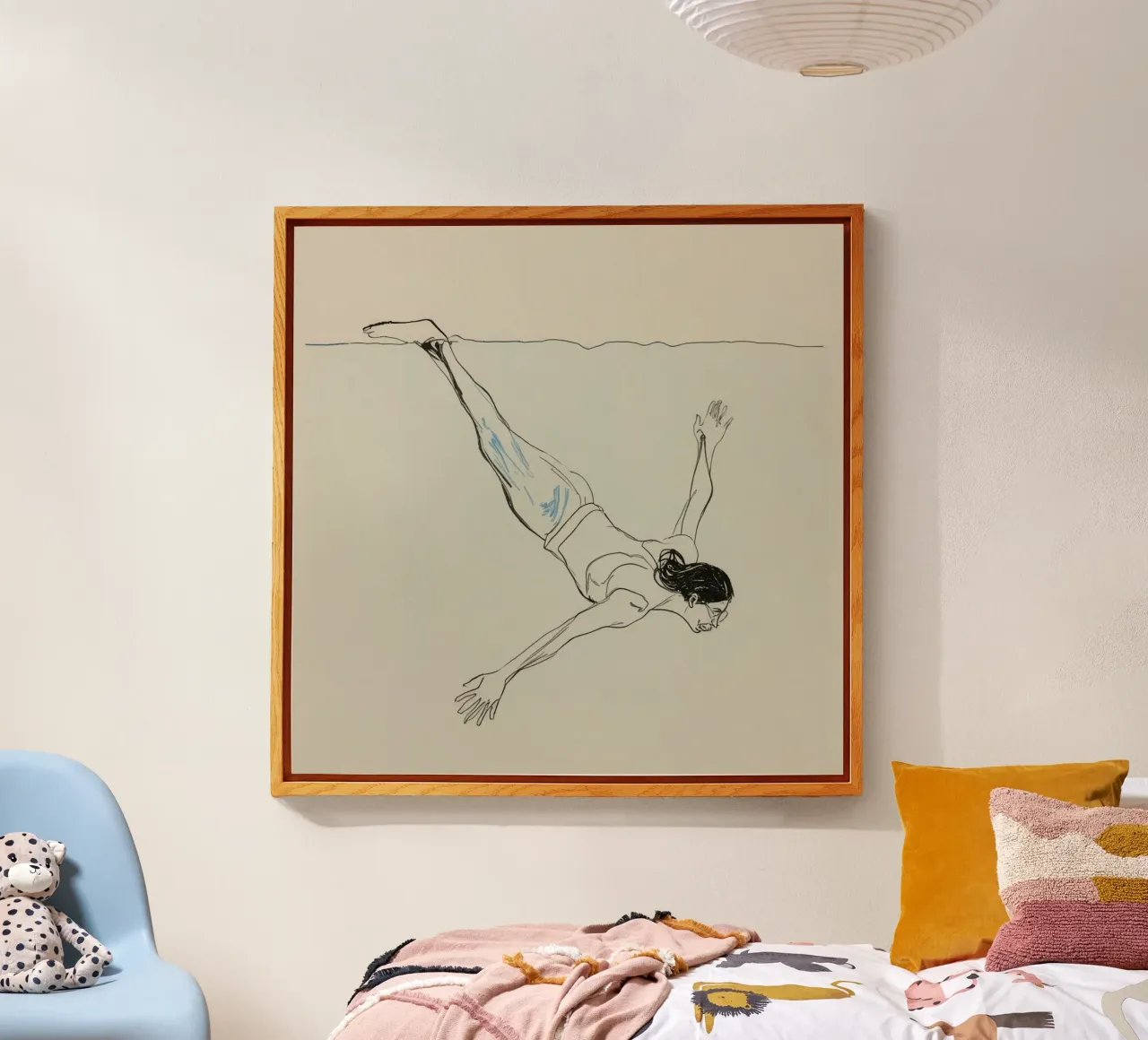 Subacqueo che esegue un'aggraziata discesa subacquea in un ambiente tranquillo plexiglass da DesignDoodle