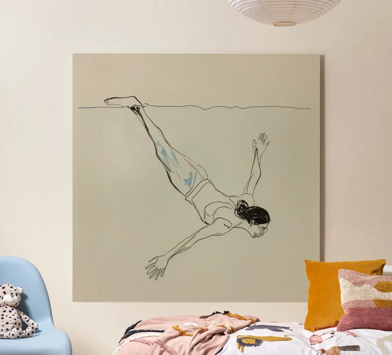 Subacqueo che esegue un'aggraziata discesa subacquea in un ambiente tranquillo plexiglass da DesignDoodle