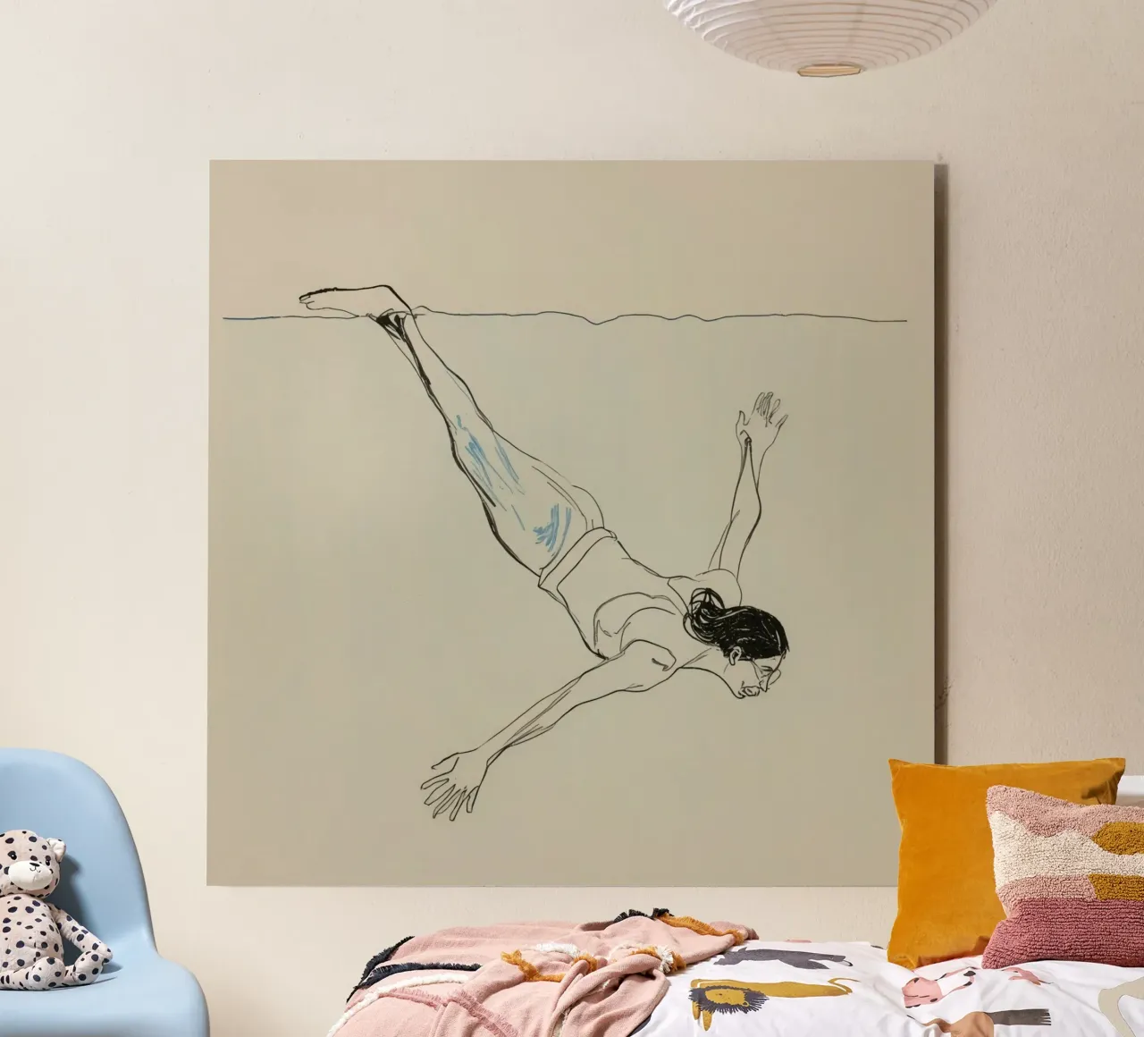 Subacqueo che esegue un'aggraziata discesa subacquea in un ambiente tranquillo alluminio dibond da DesignDoodle