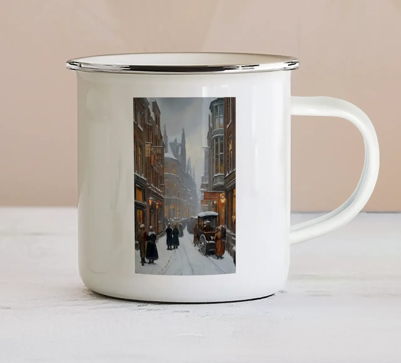 Nevicata della città vittoriana - Accogliente scena di strada invernale tazza in smalto da ClubArt