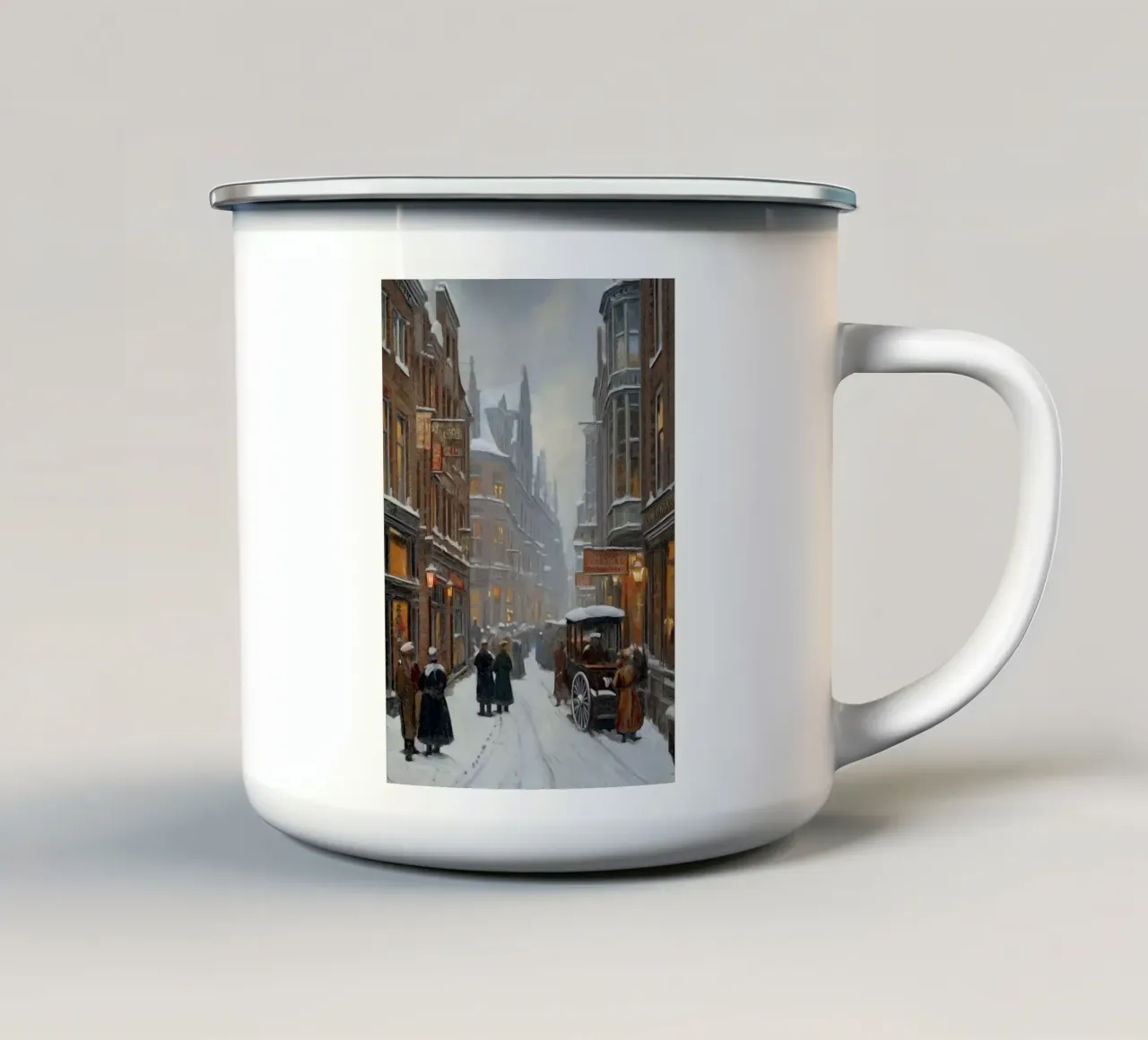 Nevicata della città vittoriana - Accogliente scena di strada invernale tazza in smalto da ClubArt