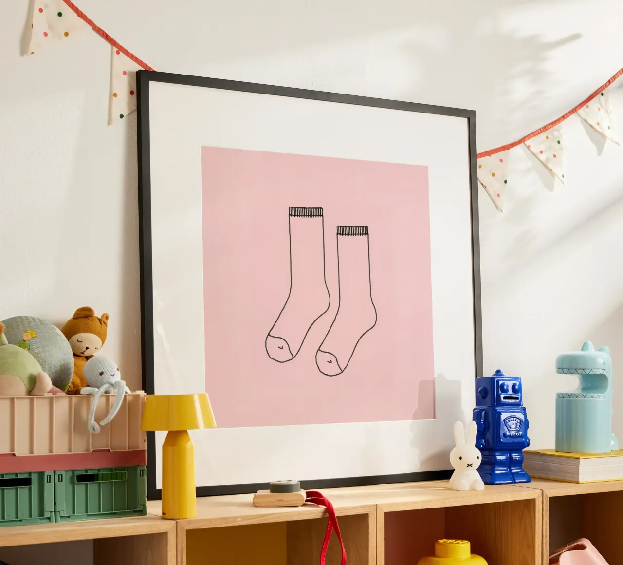 Simple design of a pair of socks with a pink background hahnemühle by DesignDoodle